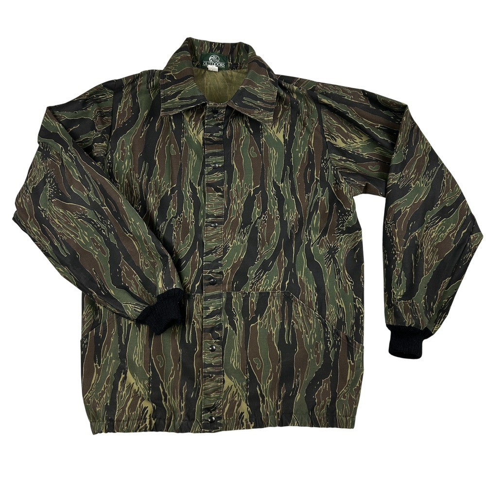 Vintage Bass Pro Shops Jacket Mens Medium Tiger‎ Stripe Camo Snap Button 90s
